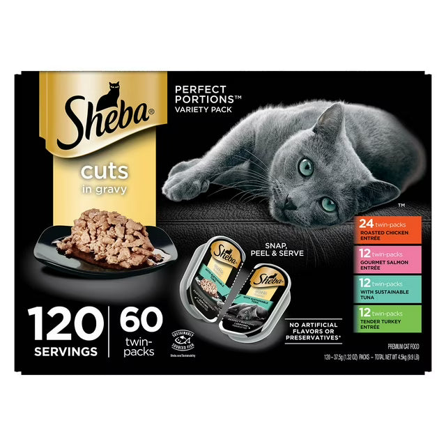 Sheba Perfect Portions Cuts in Gravy Adult Variety Wet Cat Food, Twin-Pack Tray, 1.32 oz., 60 ct., 120 servings