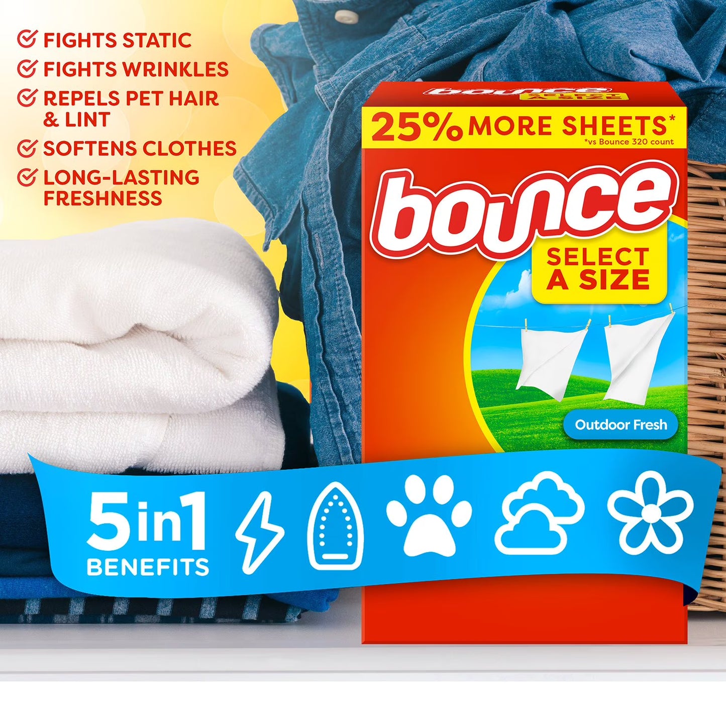 Bounce Select a Size Fabric Softener Dryer Sheets, Outdoor Fresh, 400 ct.