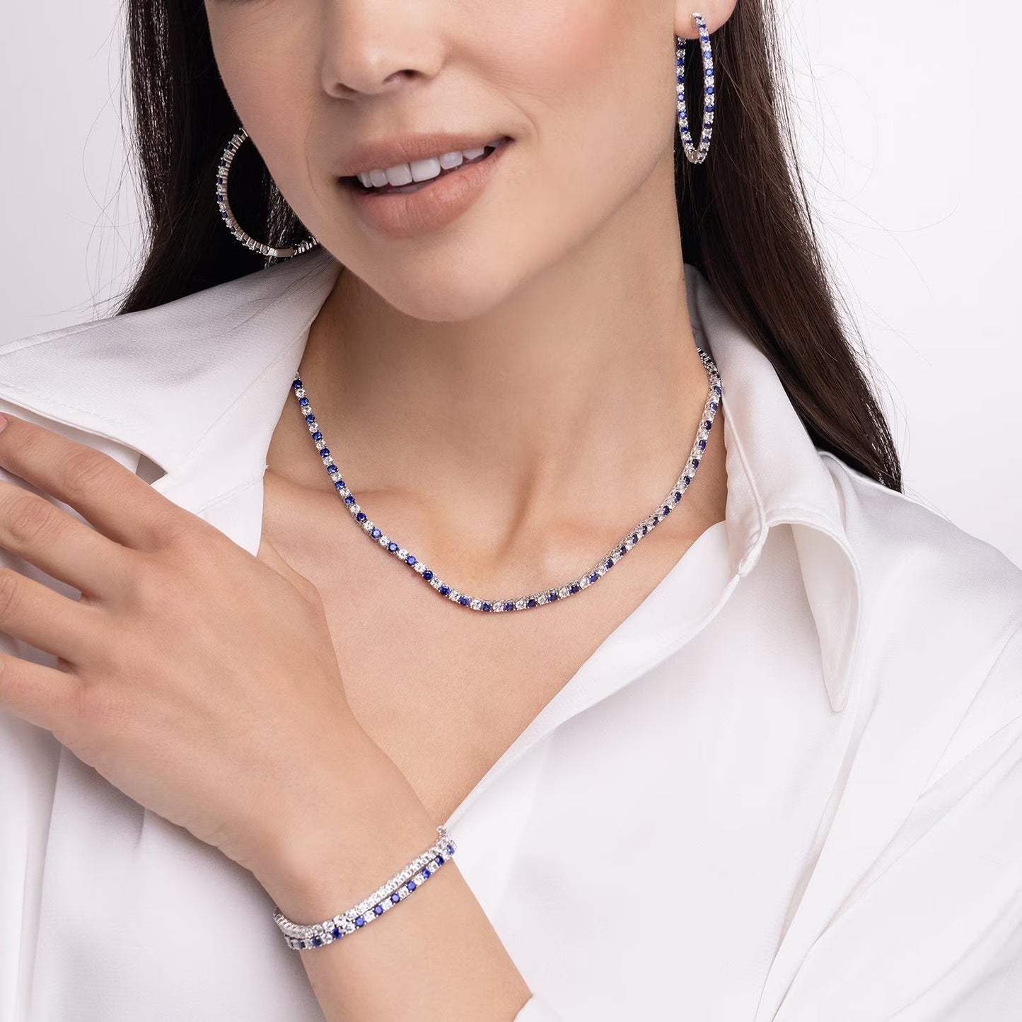 Lab Created White Sapphire Round Cut Gemstone Tennis Bracelet in Sterling Silver