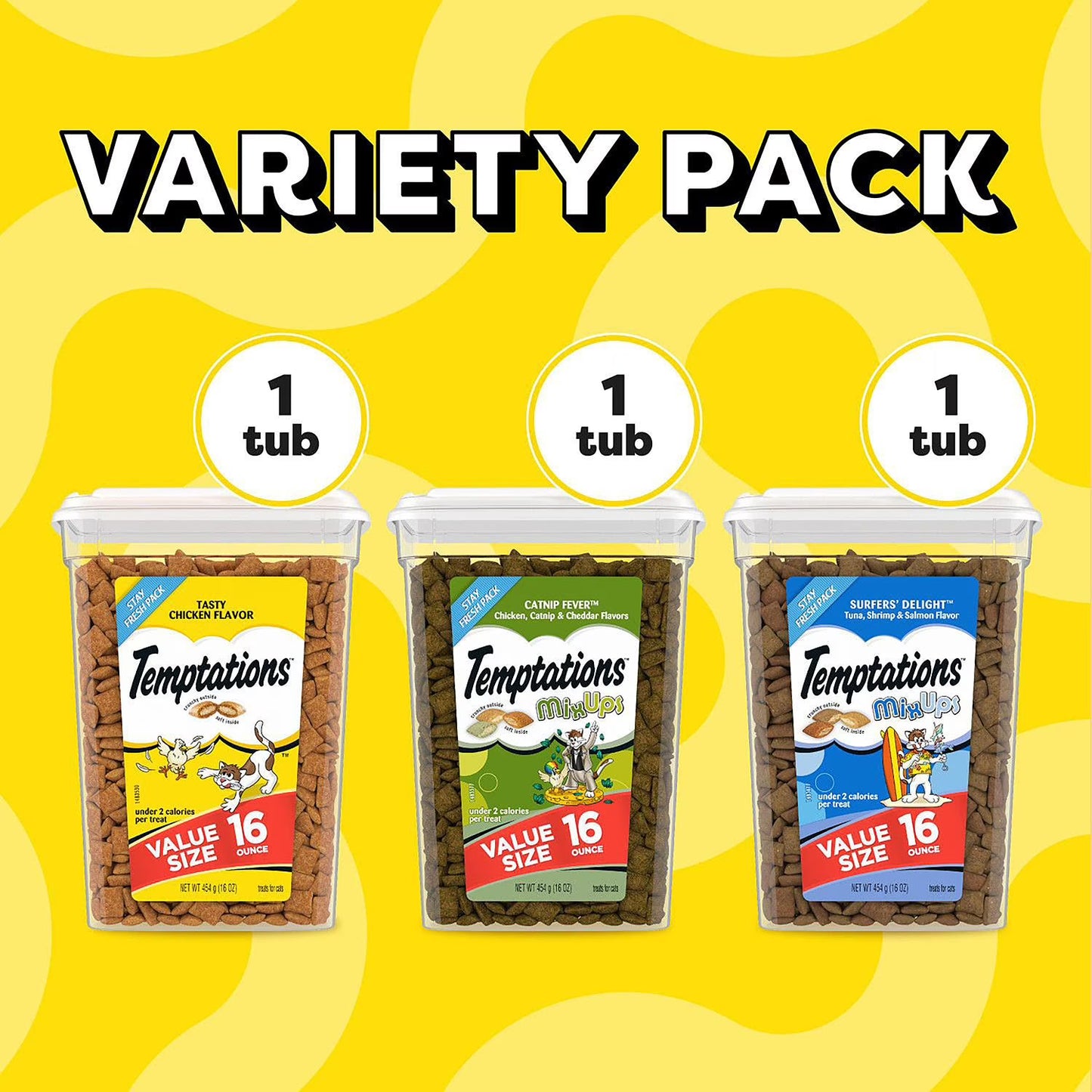 TEMPTATIONS Cat Treats Variety Pack with Tasty Chicken Flavor, Catnip Fever, & Surfers' Delight, 16 oz., 3 tubs