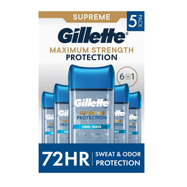 Gillette Supreme Maximum Strength Protection Men's Deodorant Clear Gel Antiperspirant, Cool Wave, 3.8 oz., 5 pk.
