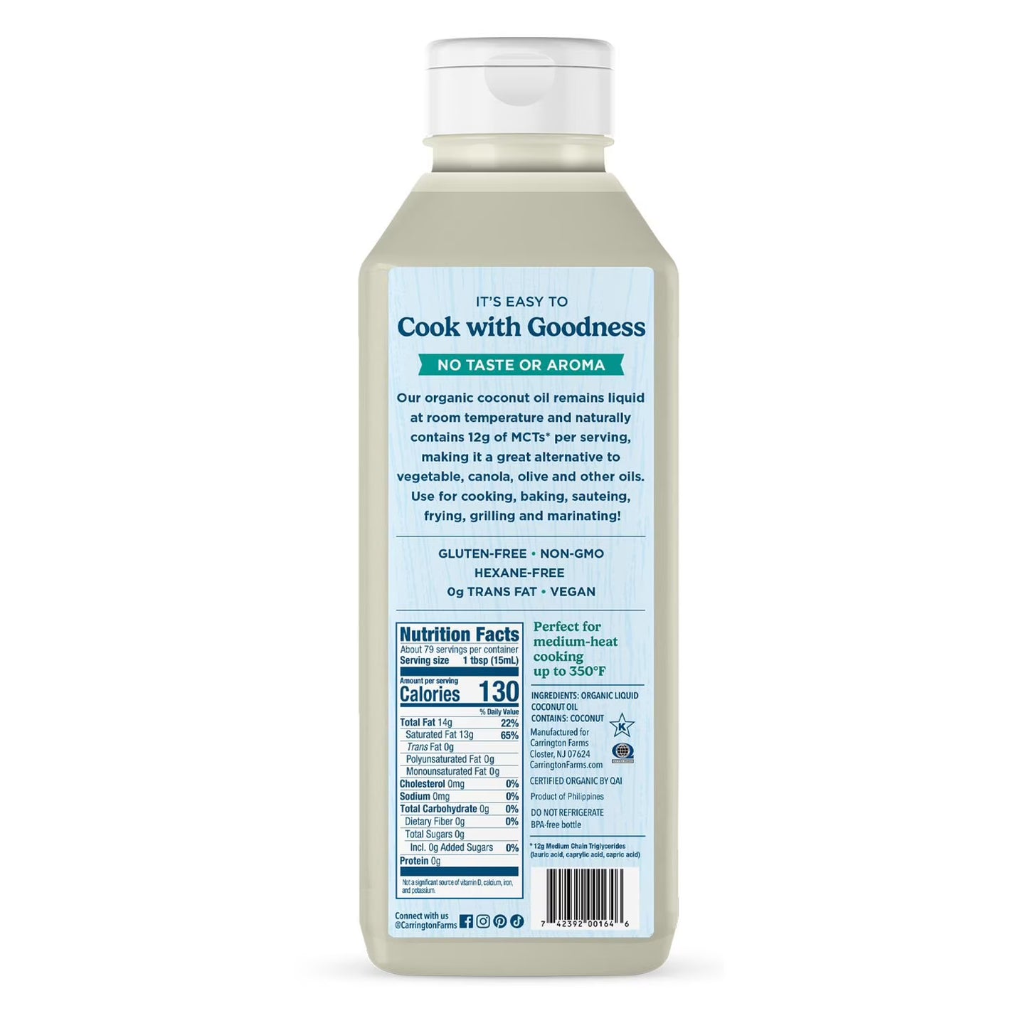 Carrington Farms Liquid Coconut Cooking Oil, 40 oz.