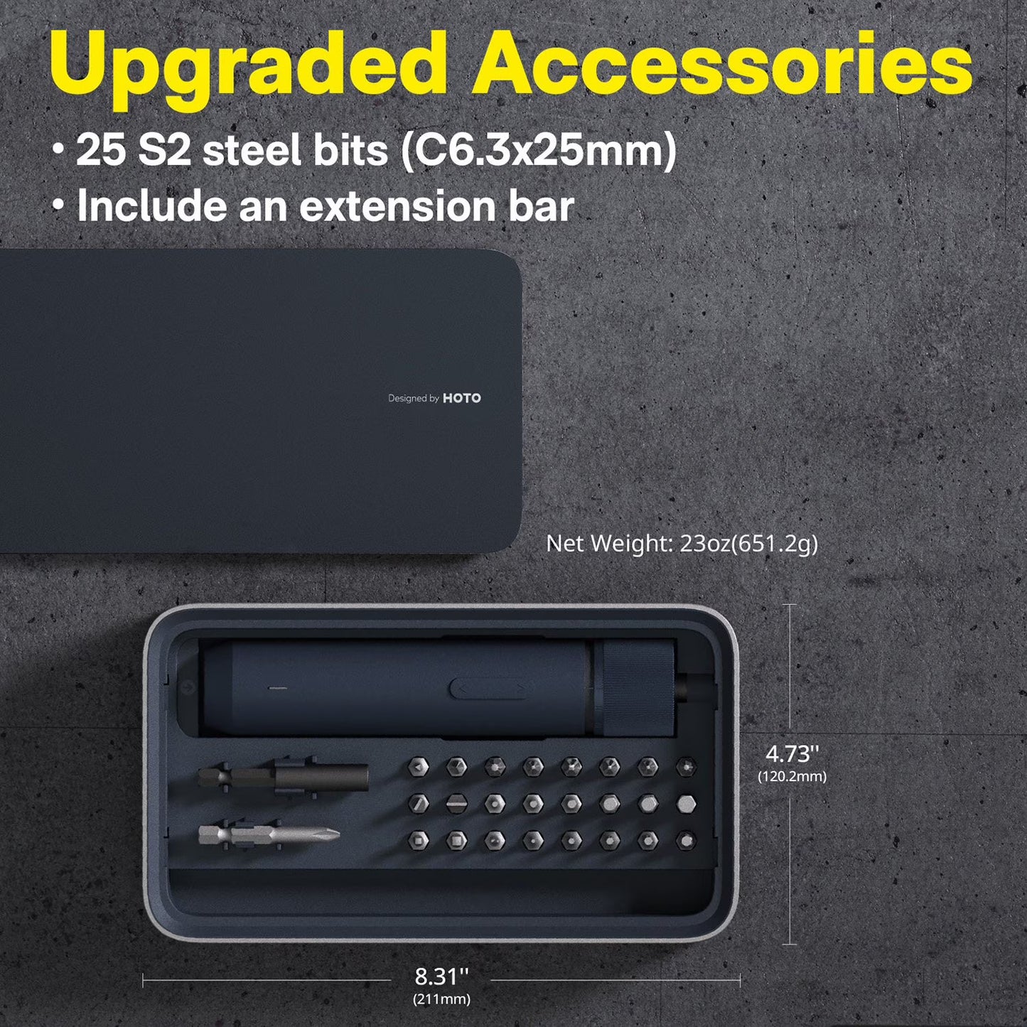 HOTO 3.6V Electric Screwdriver Tool Kit, Rechargeable, Magnetic Case Lid, 3 Torque Settings, 1500mAh Battery, LED Light