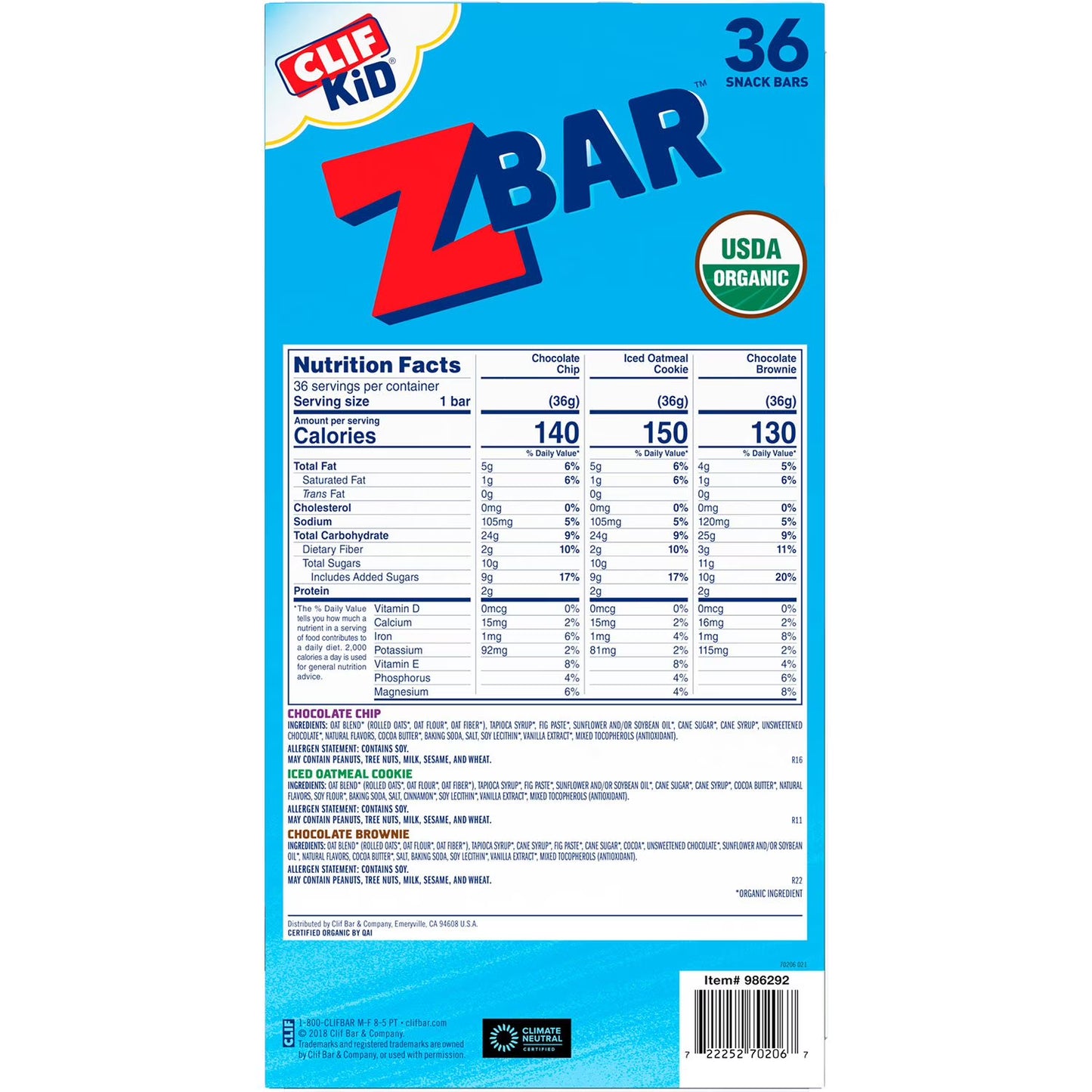 Zbar Soft Baked Organic Granola Snack Bars, Variety Pack, 36 pk.