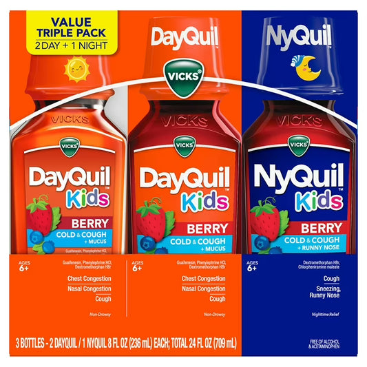 Vicks DayQuil & NyQuil Kids' Cold & Cough Liquid, Berry, 8 fl. oz., 3 pk.