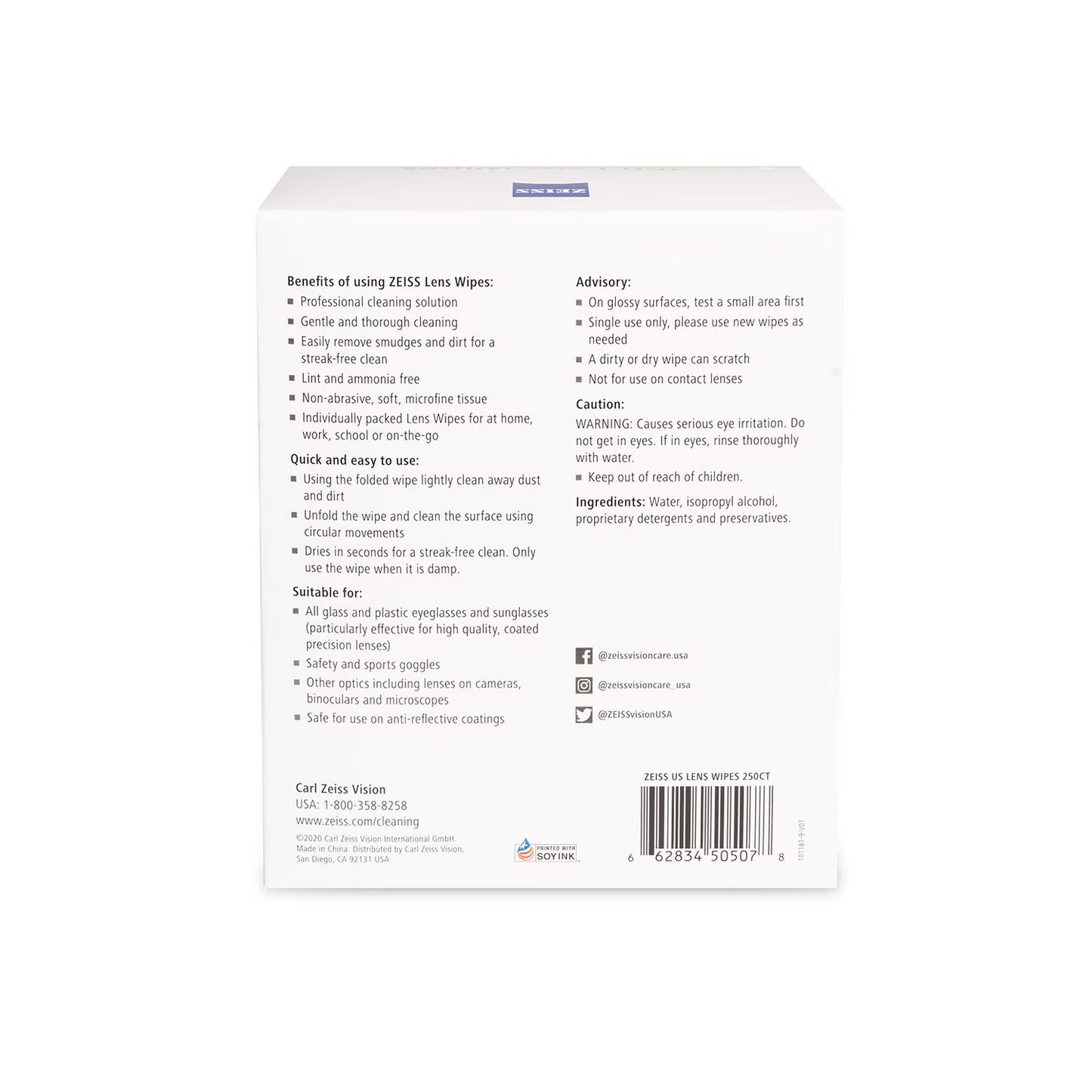 ZEISS Pre-Moistened Eyeglass Lens Cleaning Wipes, 250 ct.