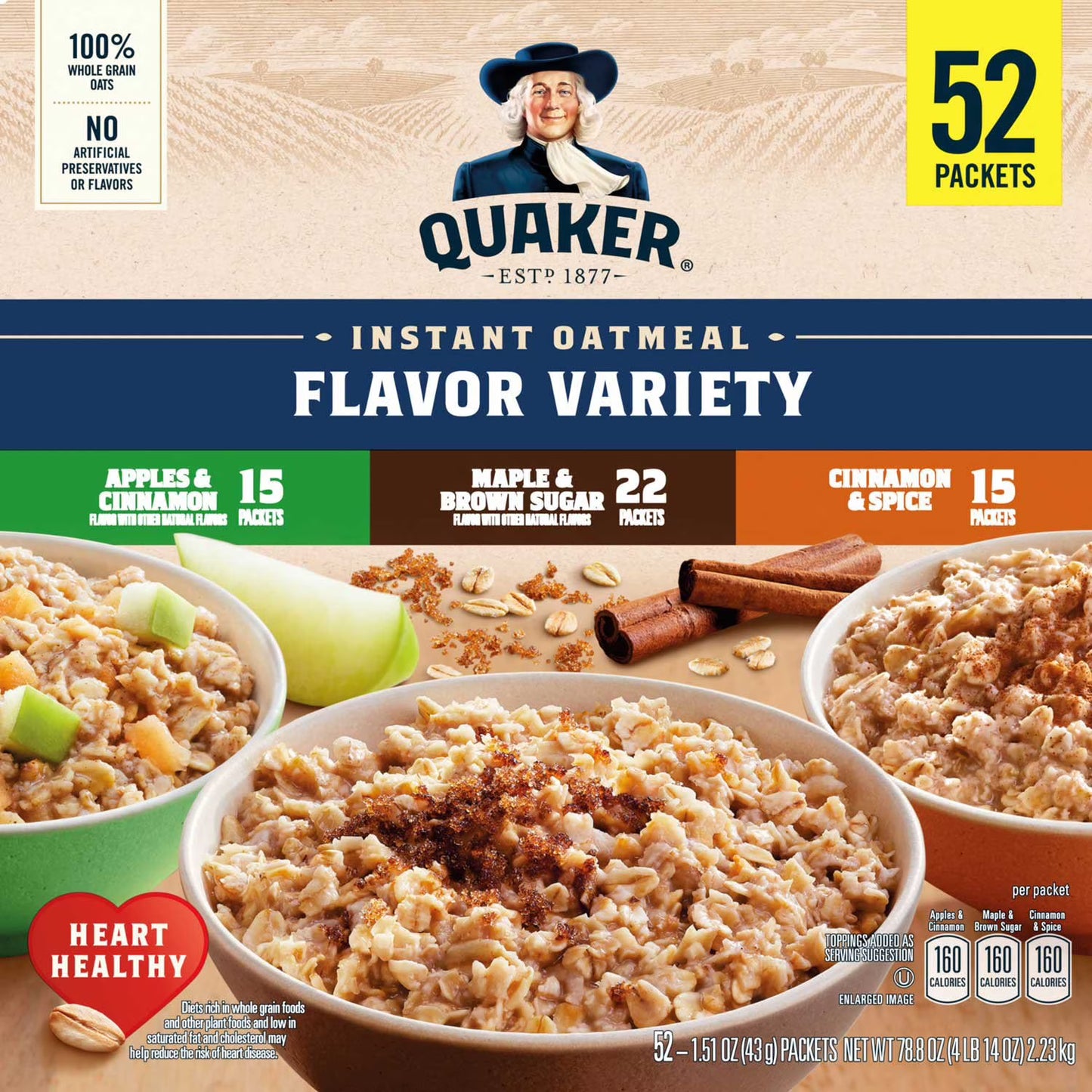 Quaker Instant Oatmeal, Variety Pack, 1.51 oz., 52 pk.
