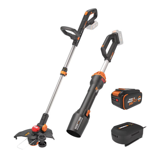 Worx WG941 20V Brushless Cordless Battery Powered Leaf Blower + 3 in 1 String Trimmer Edger & Mini-Mower Combo Kit Battery and Charger Included