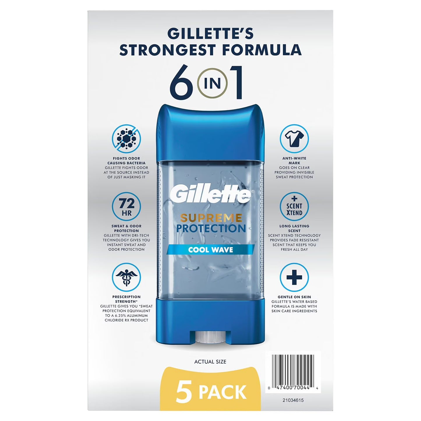 Gillette 6 in 1 Deodorant for Men Clear Gel Antiperspirant, Cool Wave, 3.8 oz., 5 pk.