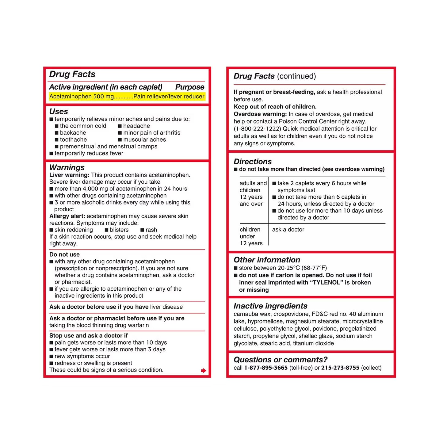 Tylenol Extra Strength Caplets, 500 mg., Acetaminophen, 325 ct.