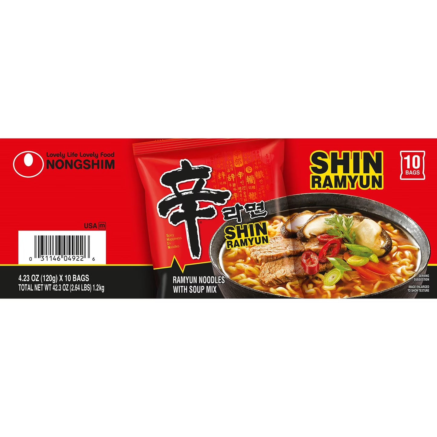 Nongshim Shin Ramyun Spicy Beef Ramen Noodle Soup, 4.23 oz., 10 pk.