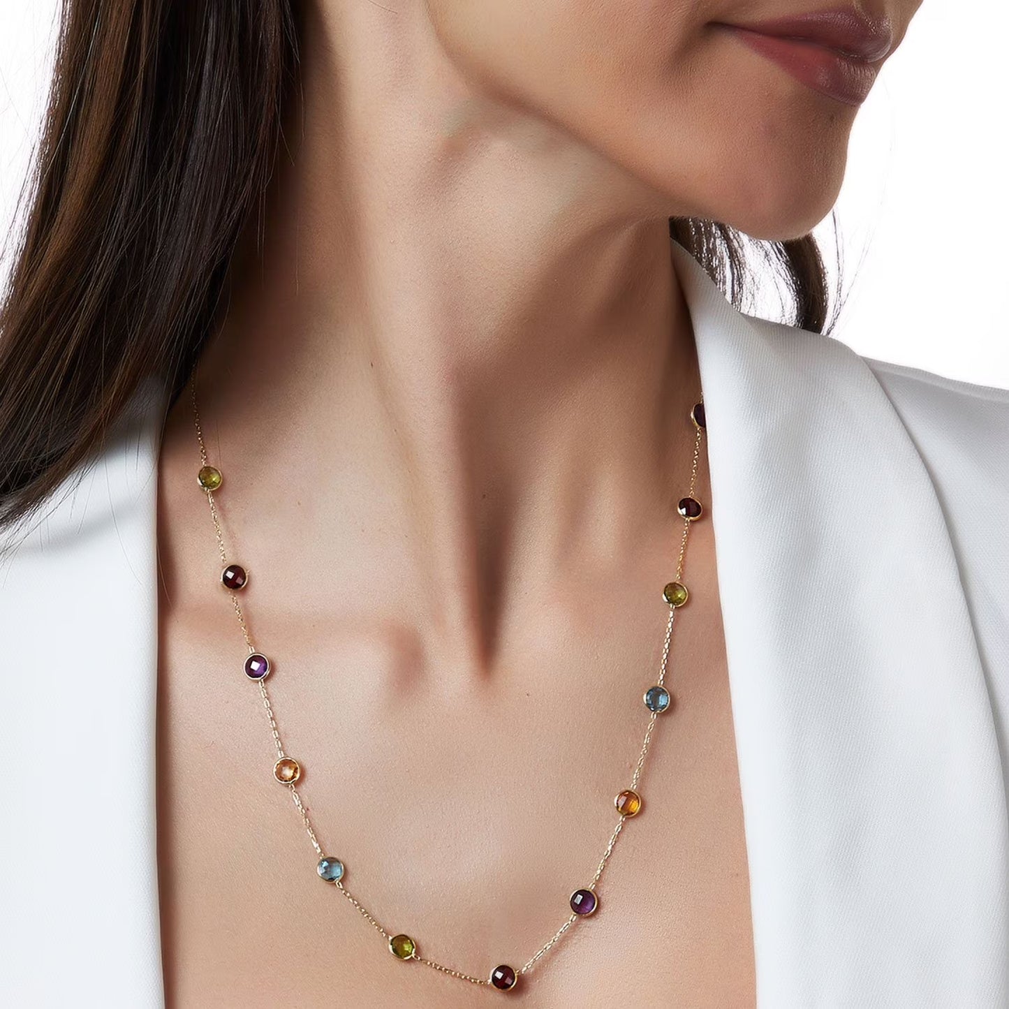Multi Gemstone Station Necklace in 14K Gold