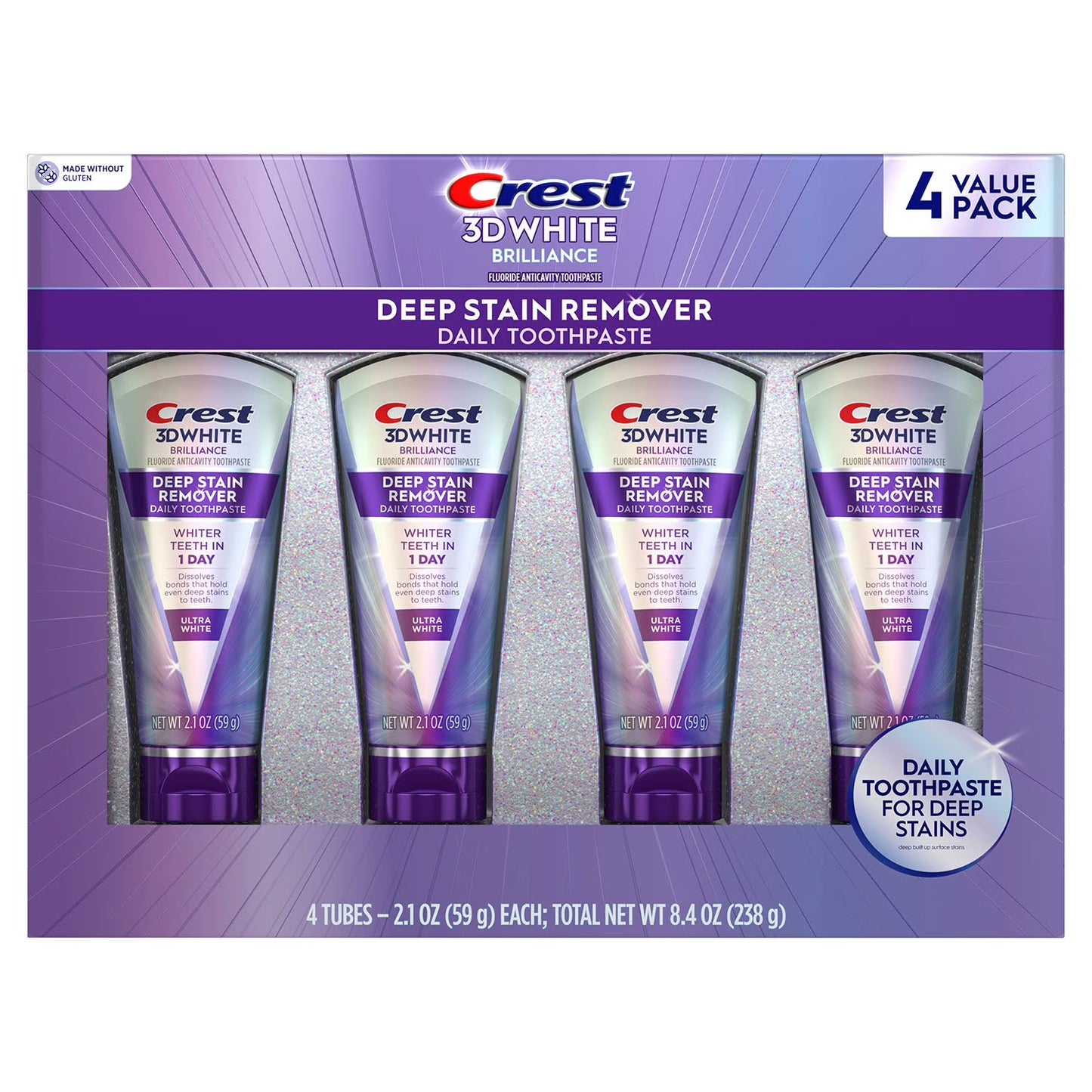 Crest 3D White Deep Stain Remover Whitening Toothpaste, 2.1 oz., 4 pk.