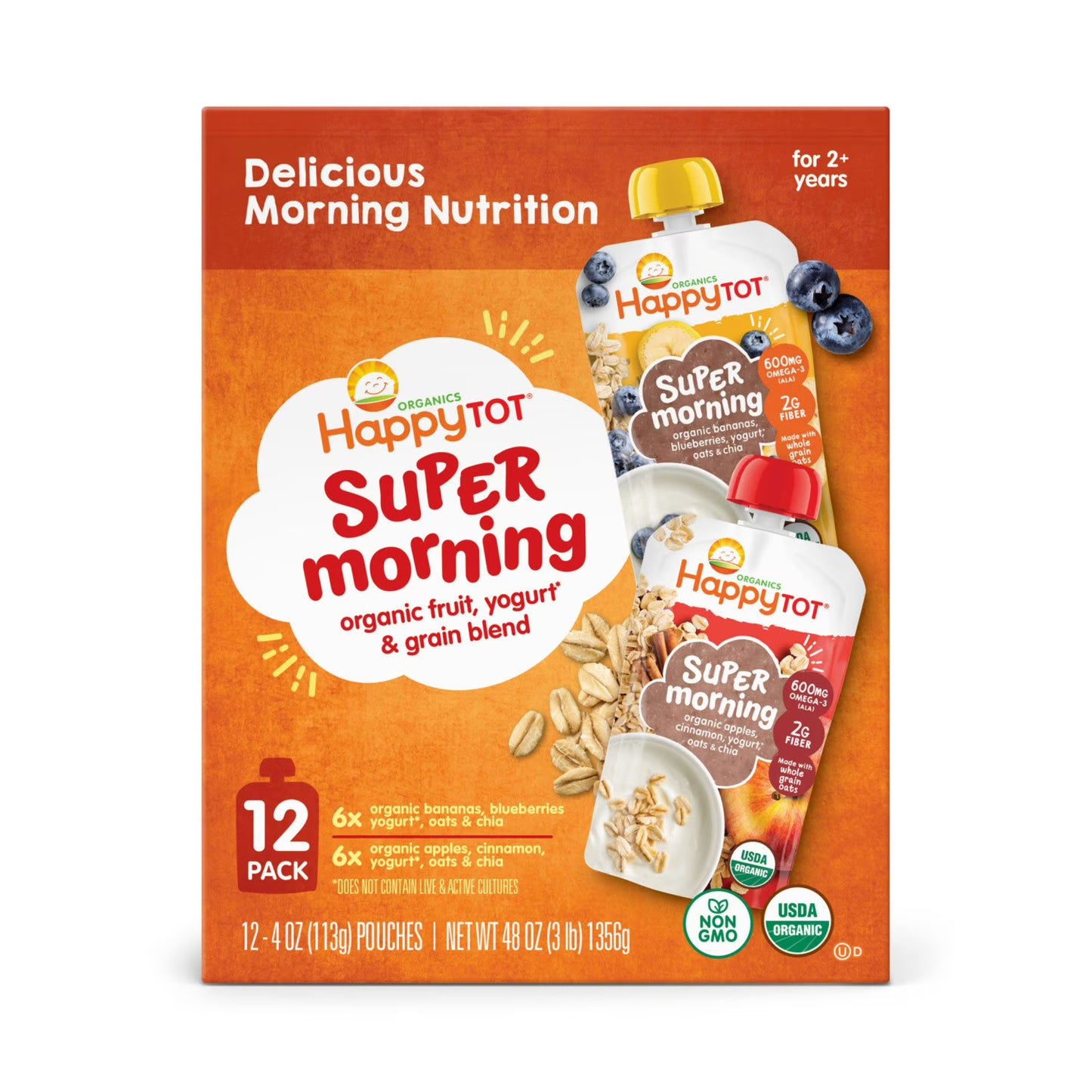 HappyTOT Organics Super Morning Pouch, Apple Cinnamon and Blueberry Banana Variety Pack, 12 ct., 4 oz.