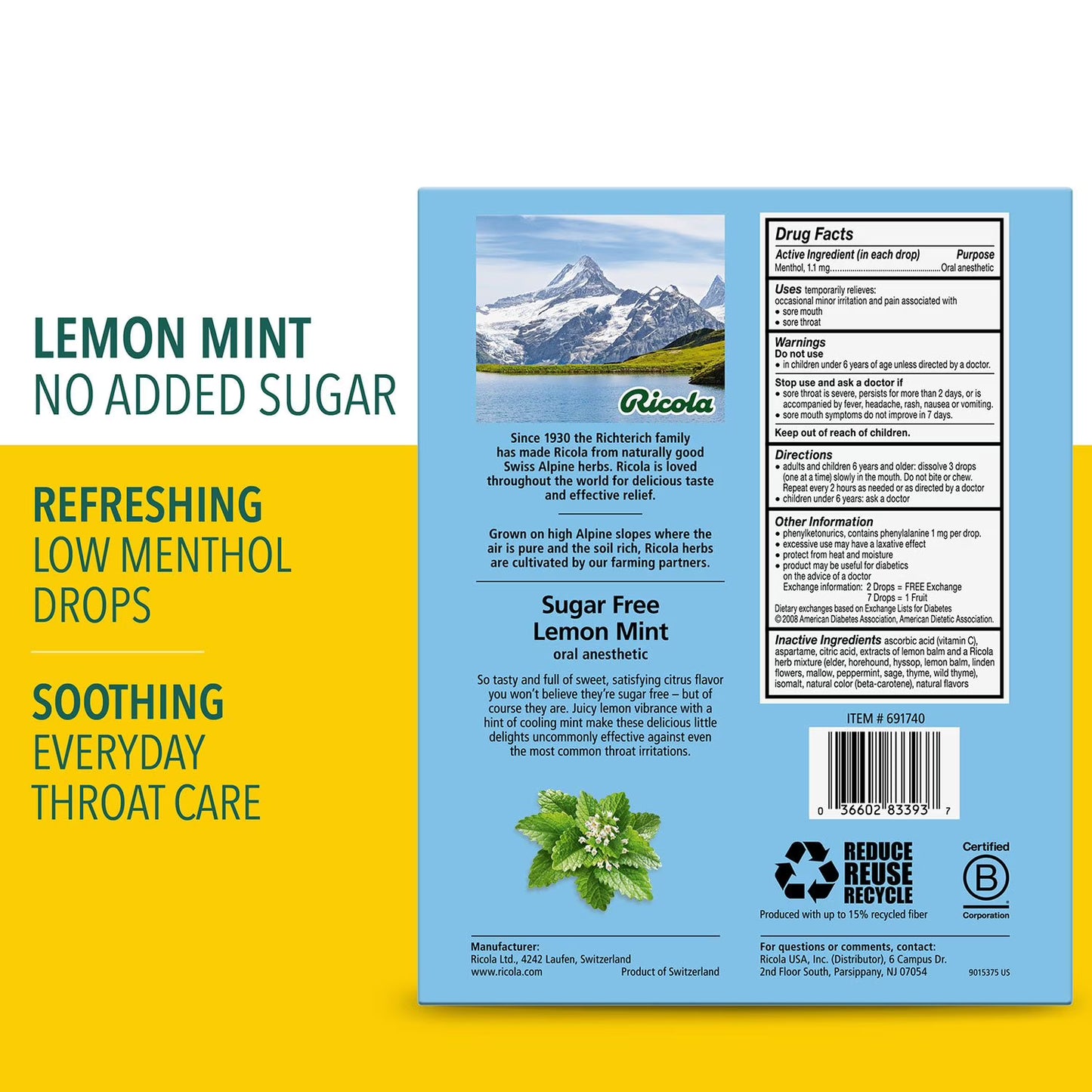 Ricola Sugar-Free Lemon Mint Herb Throat Drops, 210 ct.